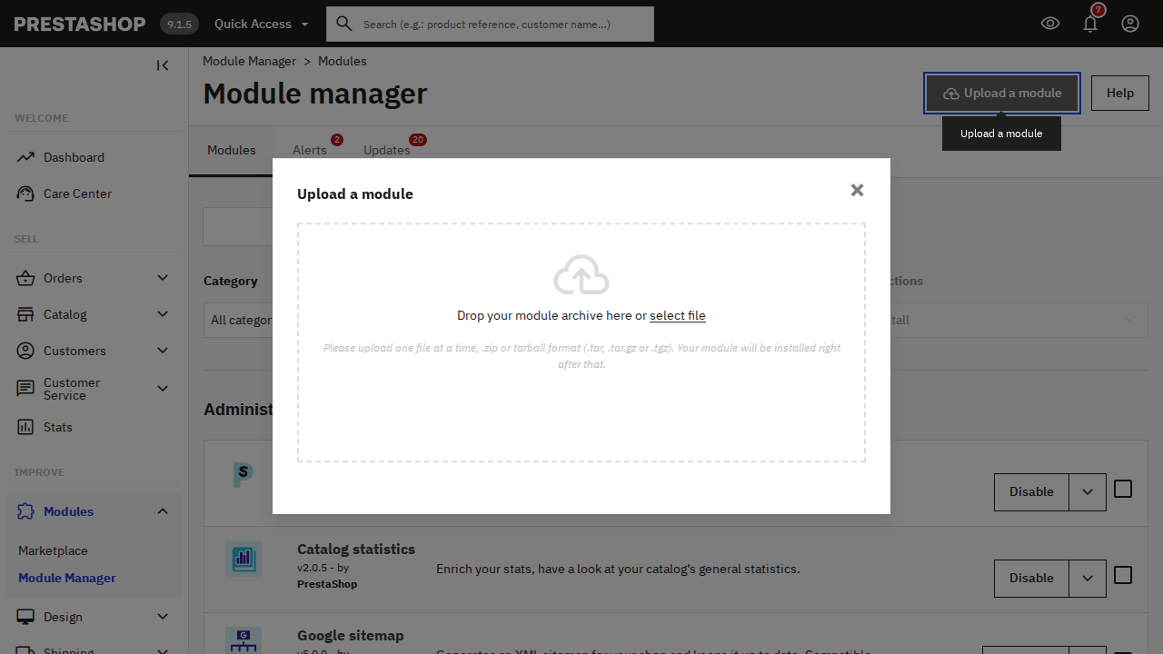 Menu de gauche : Modules > Module Manager. En haut à droite, cliquez sur « Upload a module », puis déposez le fichier téléchargé (ou cliquez sur « select file »).